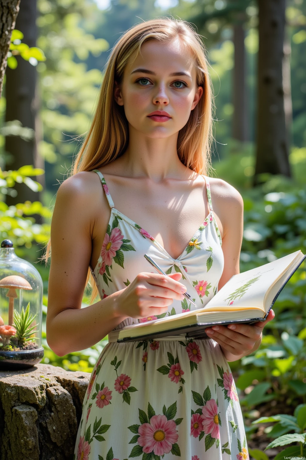 A woman in a floral dress holds a notebook and pen in a forest setting.