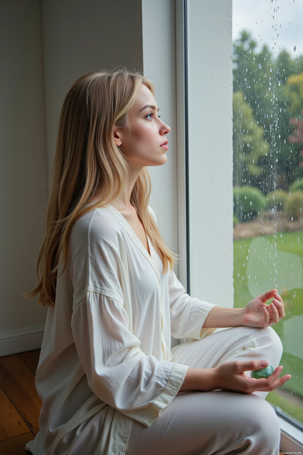 A woman in white meditates by a window with raindrops.