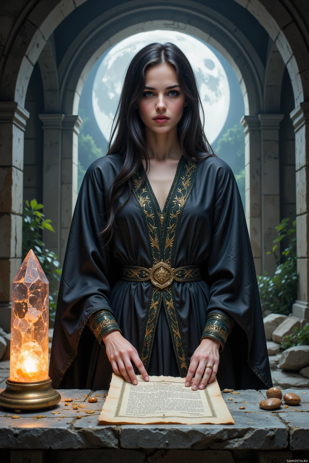 A woman in a dark robe stands in an archway, holding an open scroll, with a glowing crystal lamp beside her.