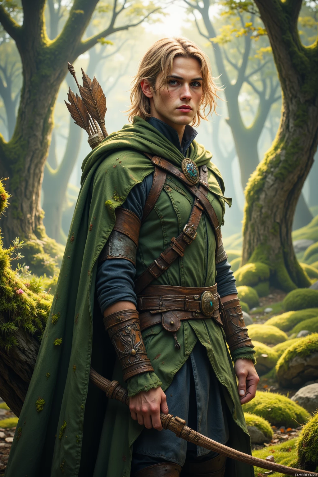 A person in a green cloak and leather armor stands in a forest setting.