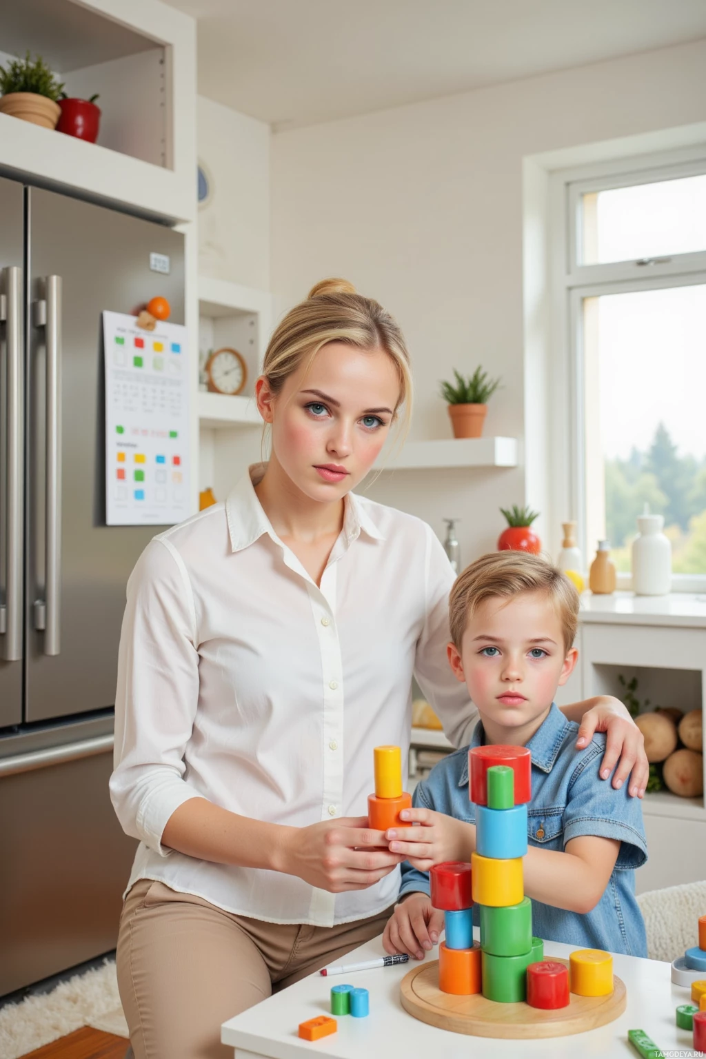 A woman and a child are playing with colorful stacking blocks in a kitchen.