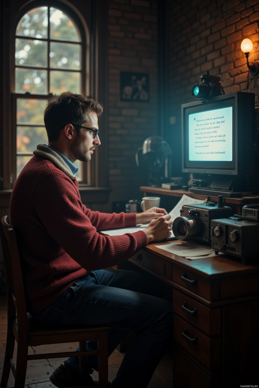 A man sits at a desk, working on a computer with a vintage monitor displaying text.