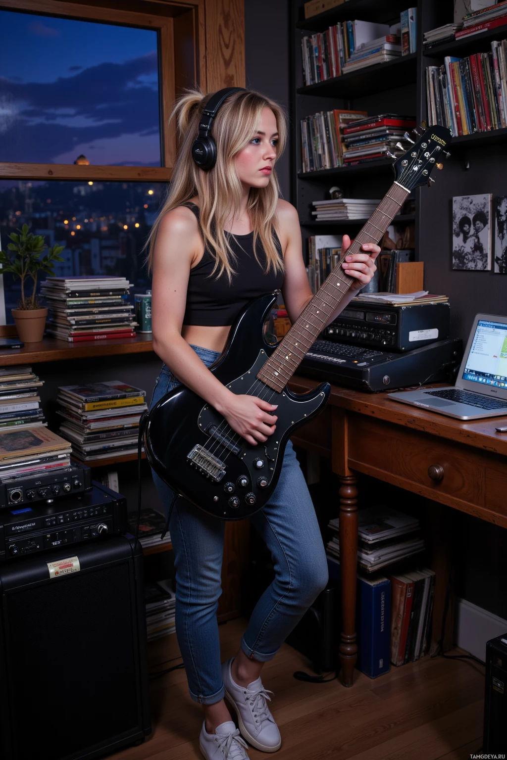 A person stands in a room holding a guitar, wearing headphones and casual clothing.