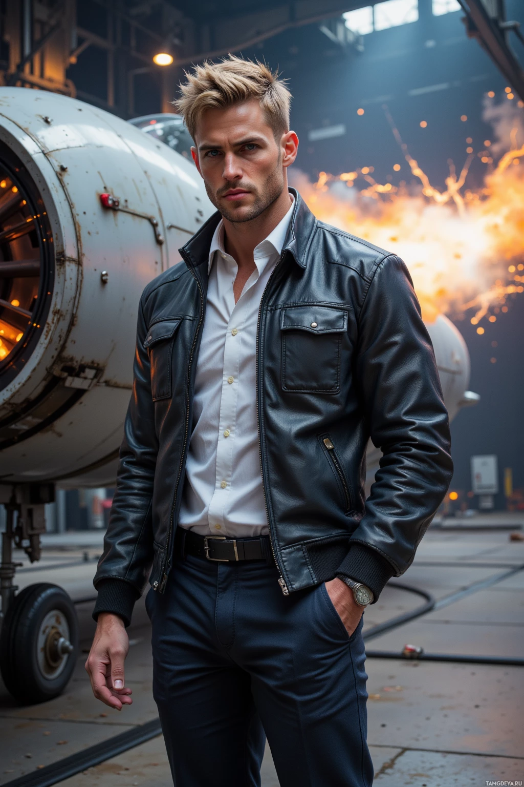 A man in a leather jacket and white shirt stands in front of an aircraft with sparks in the background.