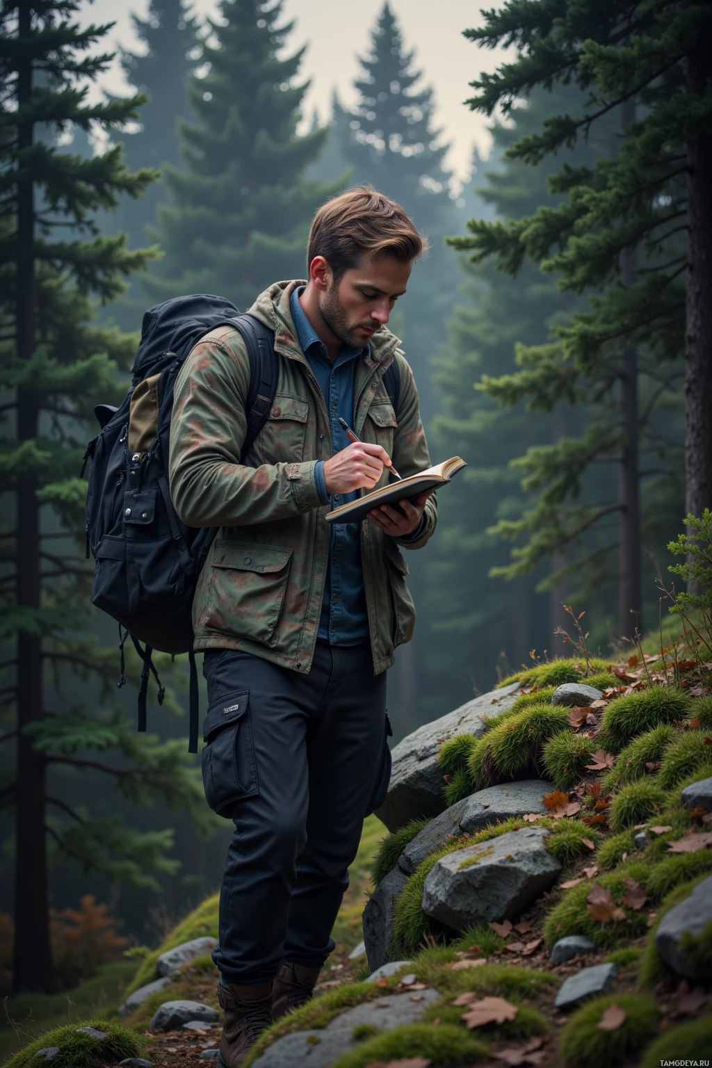 A man in outdoor attire writes in a notebook while hiking in a forest.