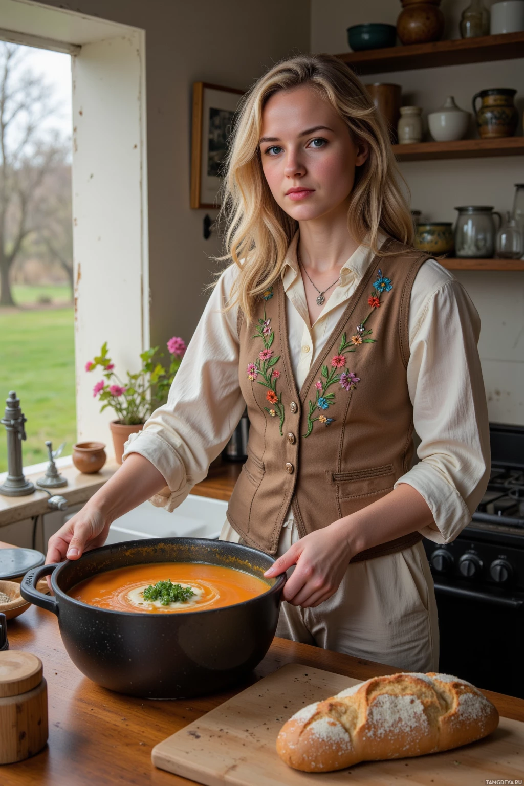 A woman stands in a kitchen holding a bowl of soup, with a loaf of bread on a cutting board nearby.