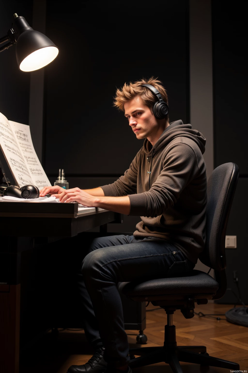 A person wearing headphones sits at a desk, typing on a keyboard.