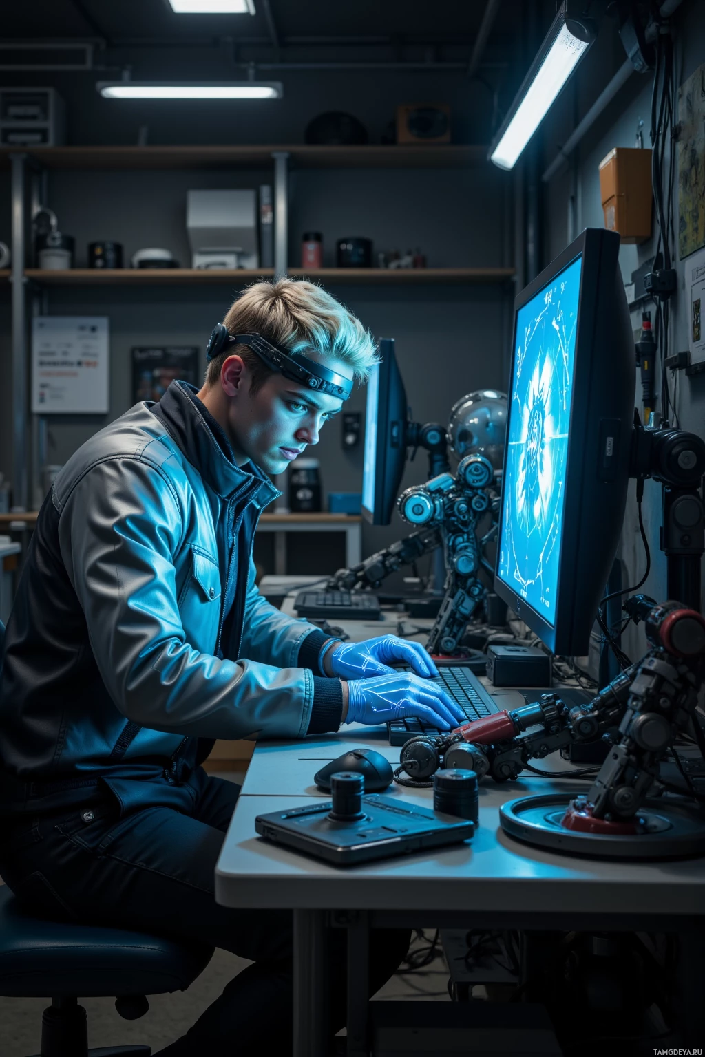 A person wearing a headset and gloves works on a computer in a dimly lit room with a robotic arm nearby.