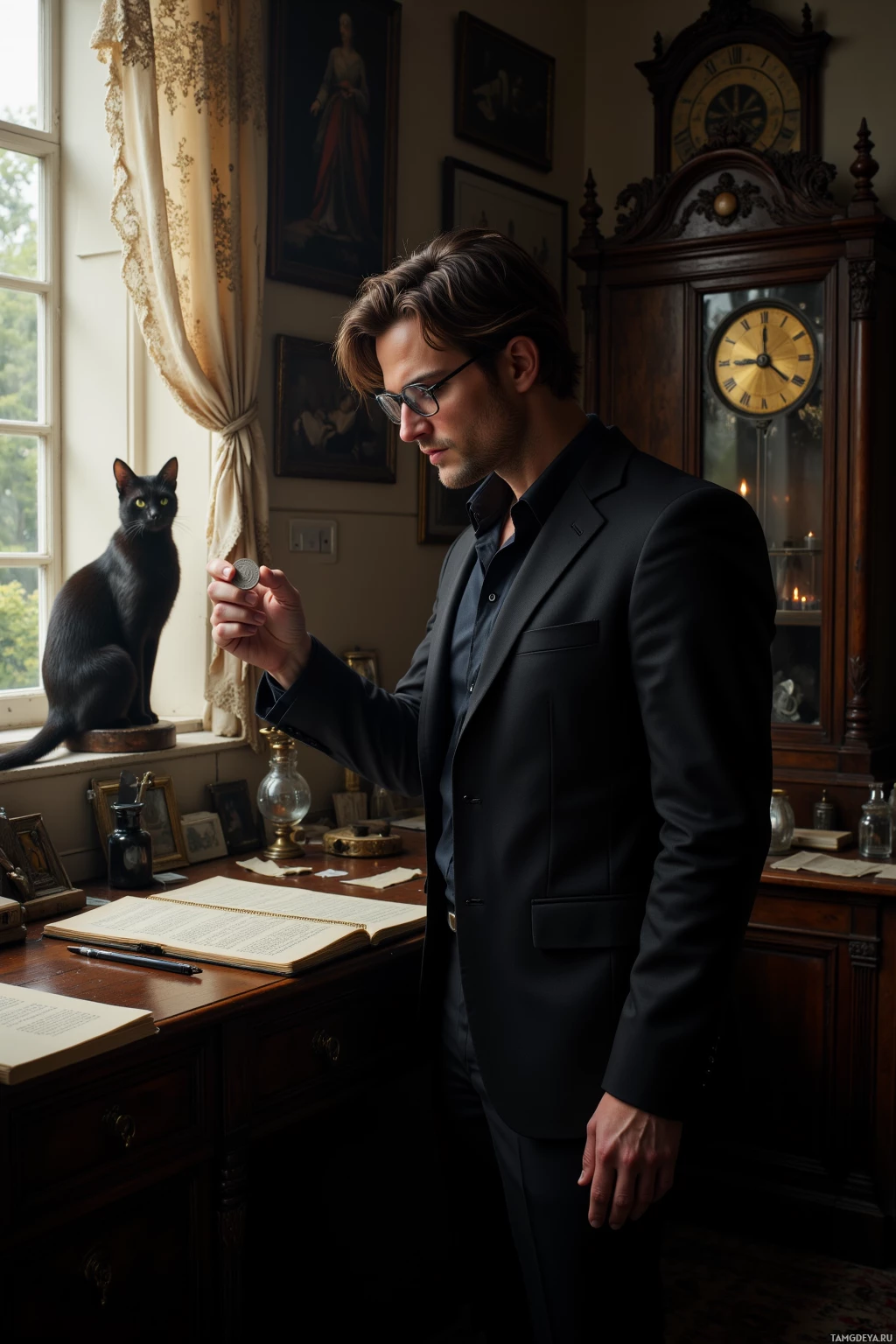 A man in a suit stands in a room with a cat, holding a coin.
