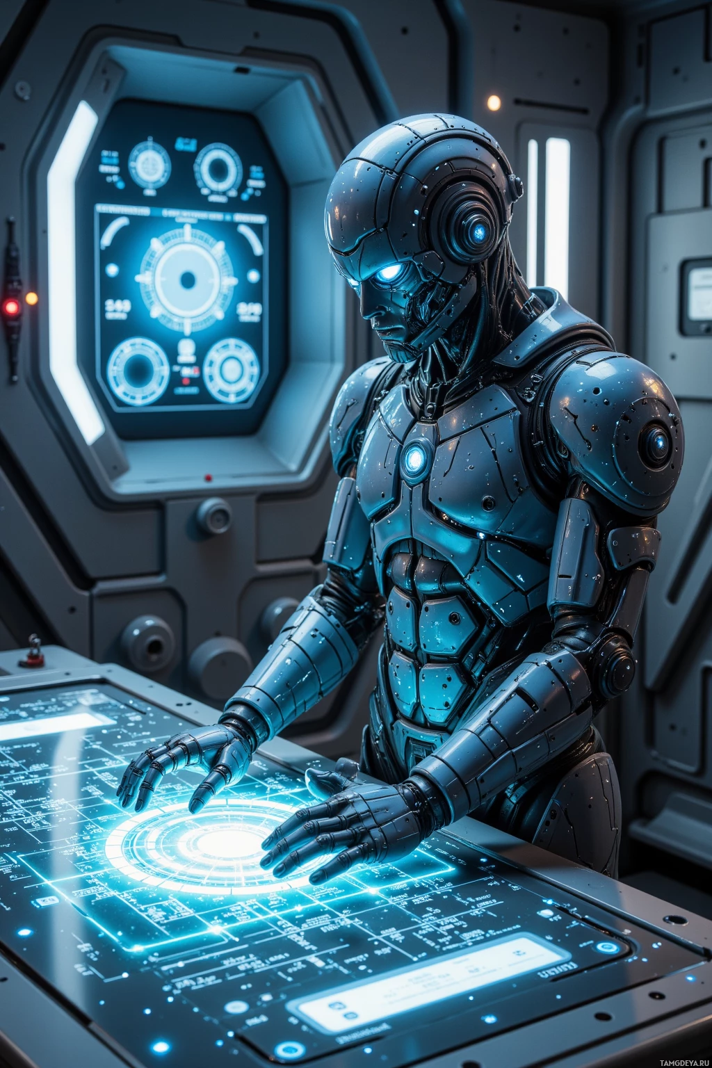 A futuristic robot interacts with a high-tech control panel in a sci-fi setting.