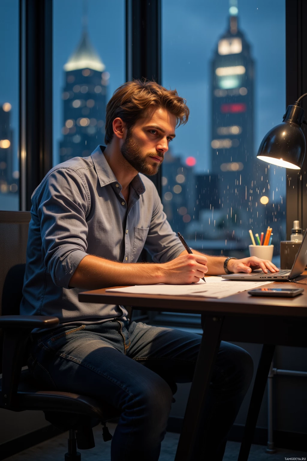A man sits at a desk in a dimly lit room, writing on a piece of paper with a cityscape visible through the window behind him.