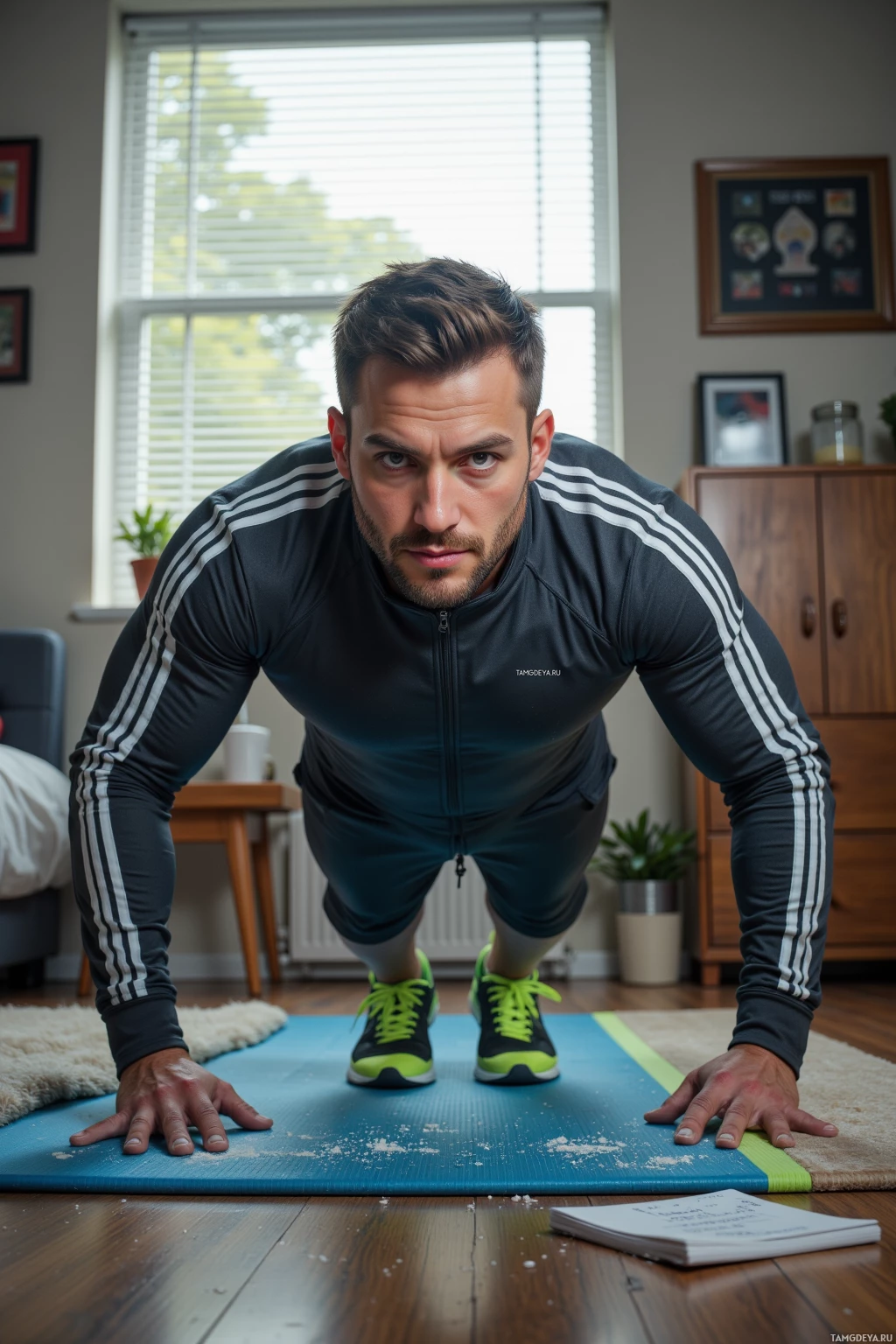A man in athletic attire is doing a plank exercise on a yoga mat in a home setting.