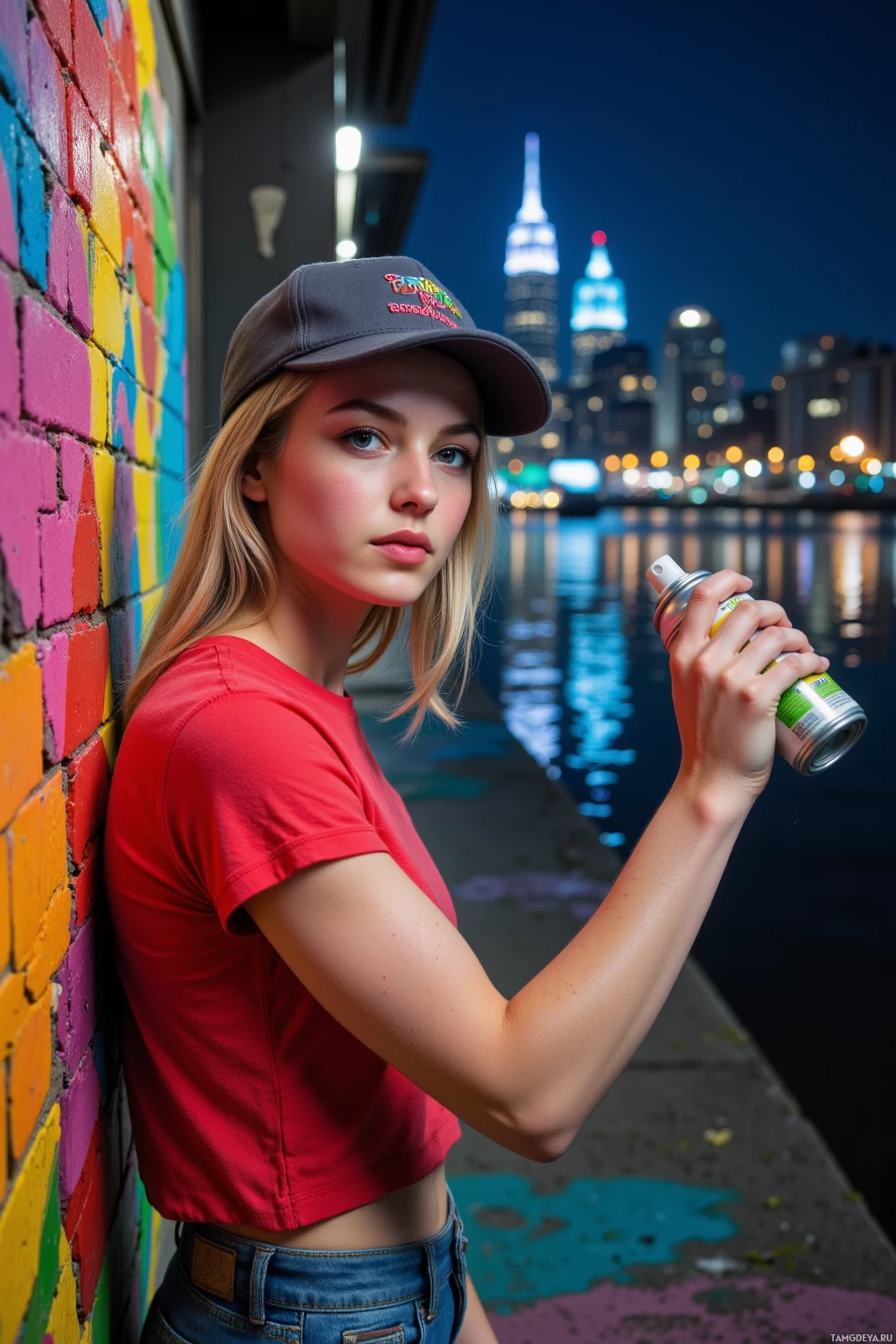 A person in a red shirt and cap leans against a colorful wall, holding a spray can, with a cityscape in the background.