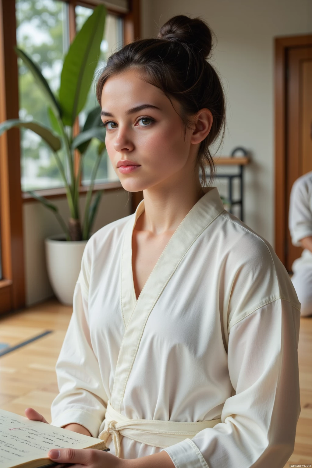A person in a white robe holds a book, standing indoors near a window and a plant.