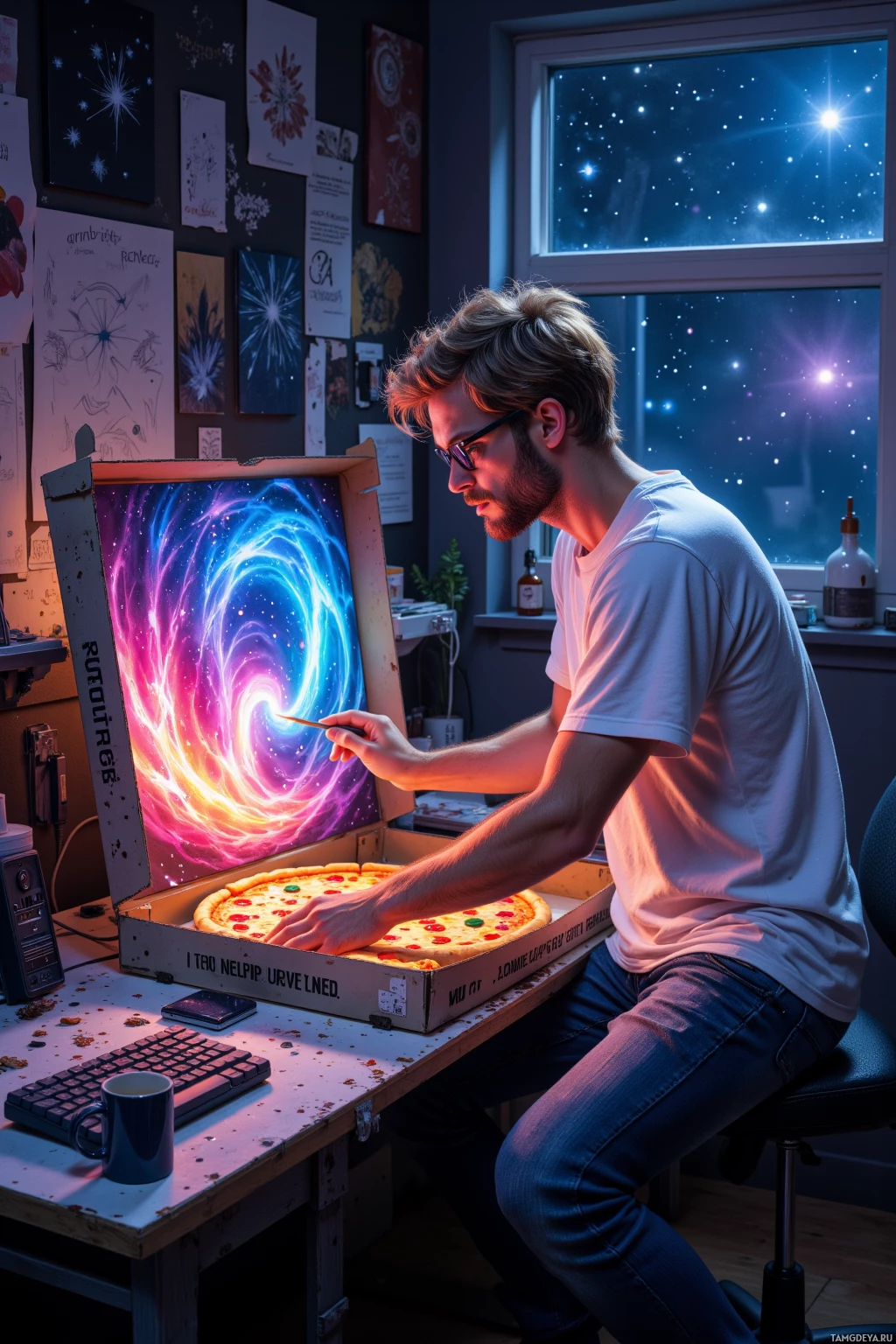 A person is painting a vibrant cosmic scene on a canvas while sitting at a desk with a pizza in a box nearby.