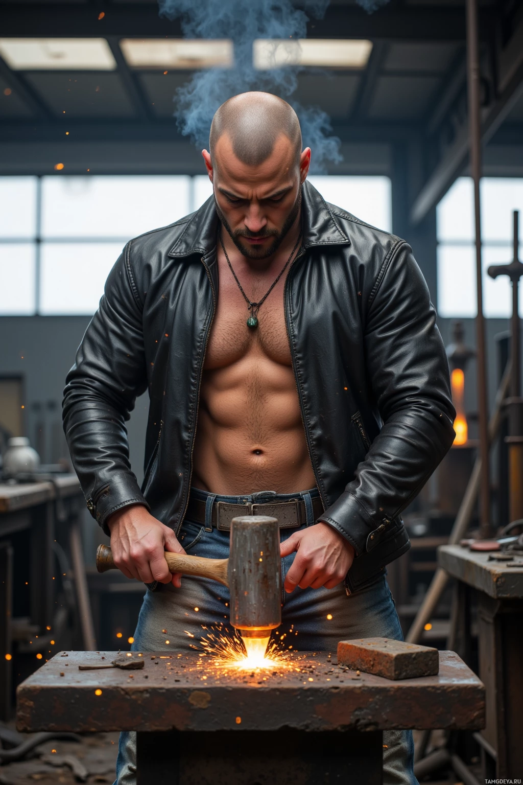 A man in a leather jacket and jeans is hammering a glowing metal object on an anvil in a workshop.
