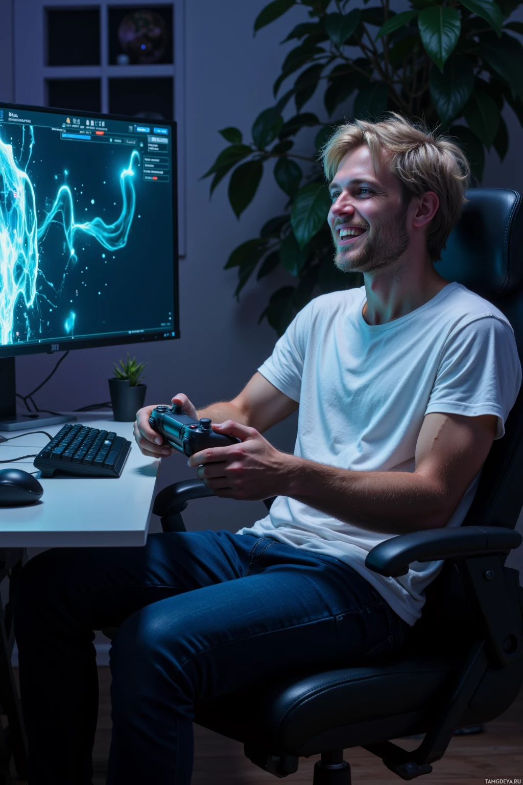 A person is sitting in a chair, holding a game controller, and smiling while playing a video game on a computer monitor.