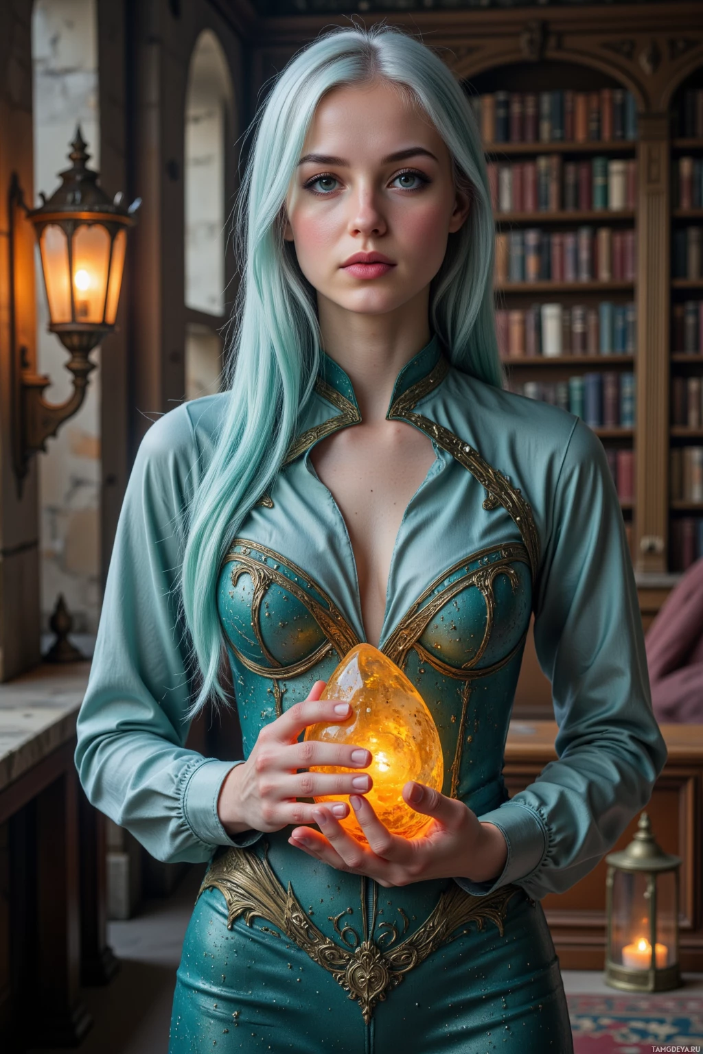 A woman in a teal outfit holds a glowing crystal ball in a library setting.