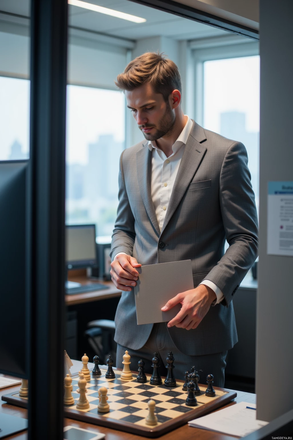 A man in a suit stands in an office, holding a piece of paper while looking at a chessboard.