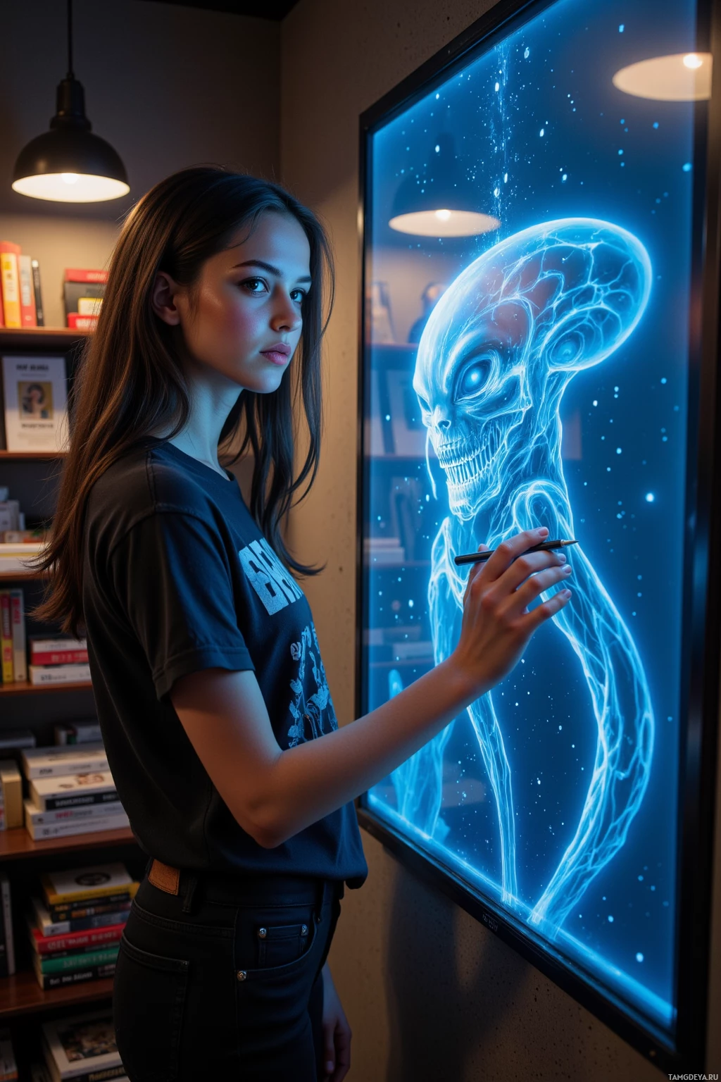 A person stands in front of a glowing alien portrait, holding a pen.
