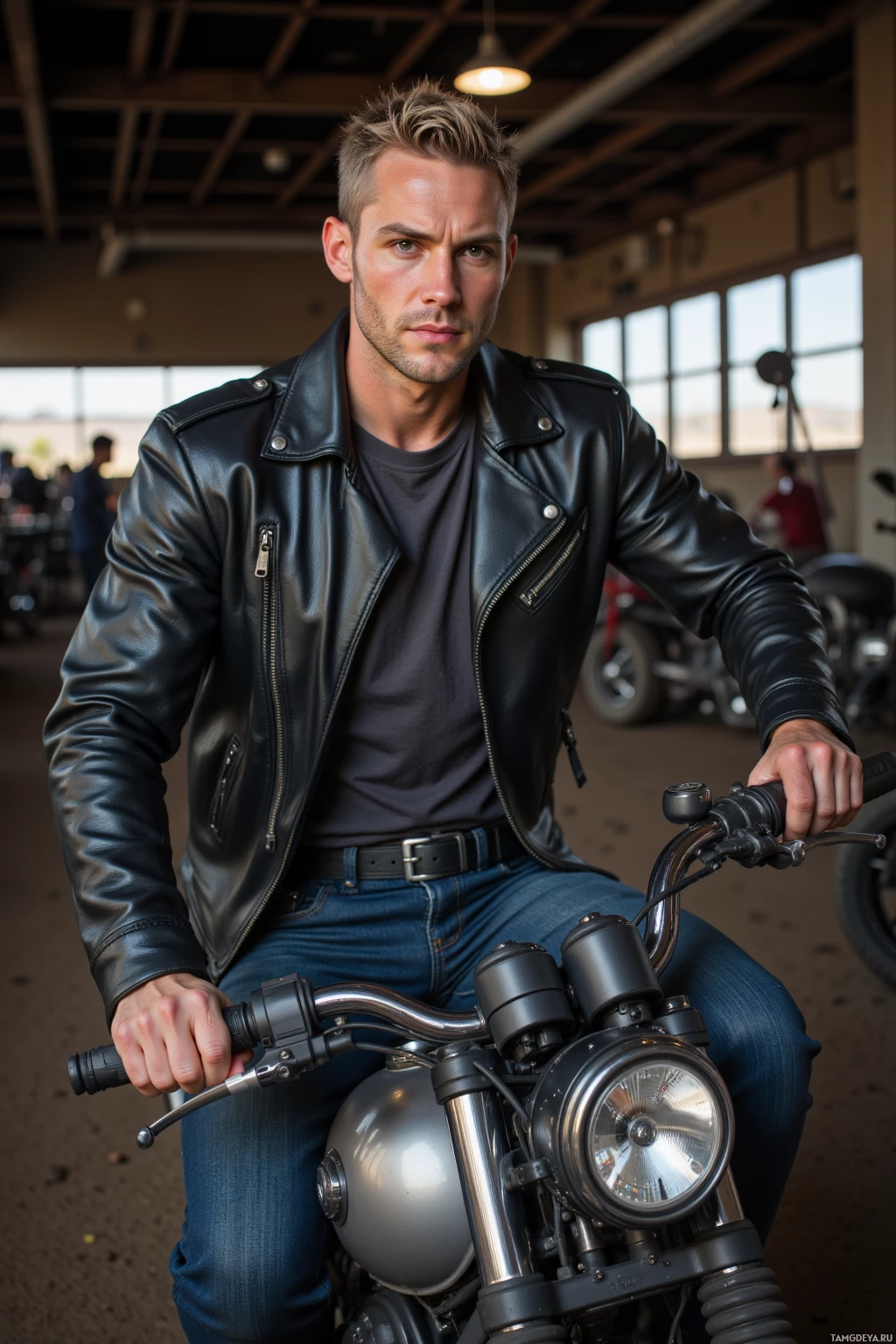 A man in a leather jacket sits on a motorcycle in a garage.