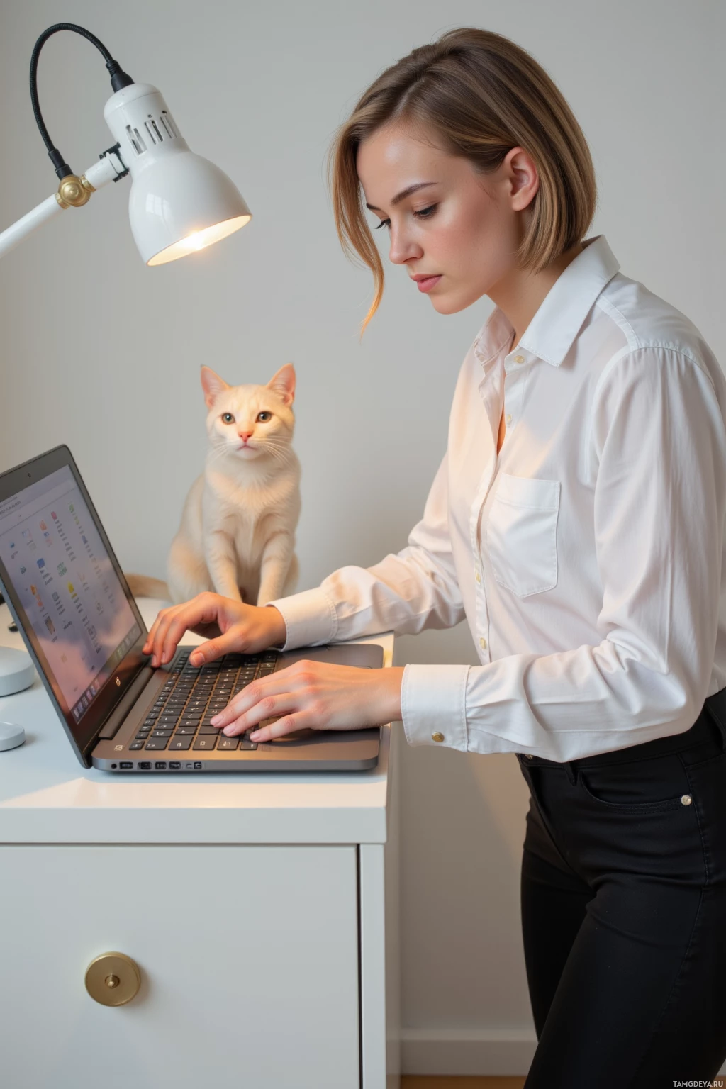 A woman in a white shirt works on a laptop with a white cat sitting nearby.