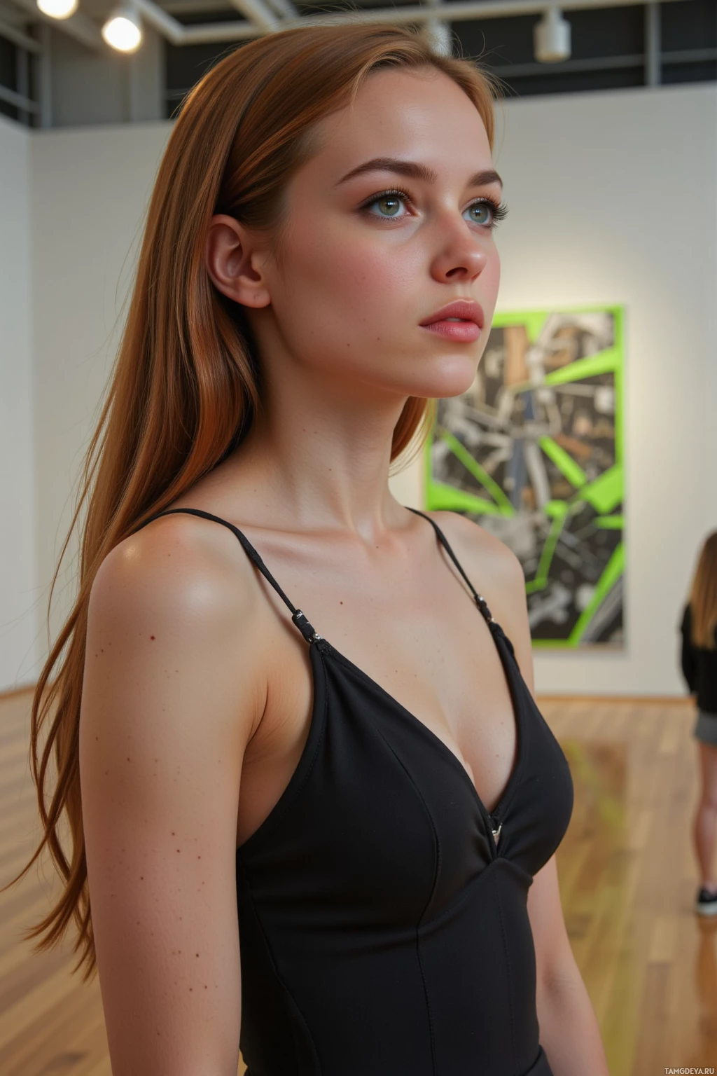 A woman with long hair and a black top stands in an art gallery.