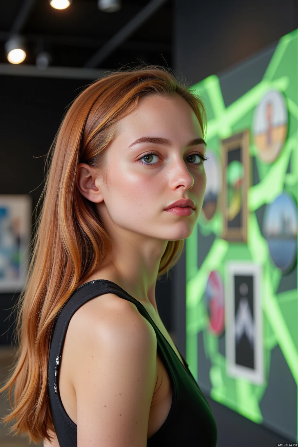 A woman with long, light brown hair wearing a black top stands in a modern interior with green and black decor.