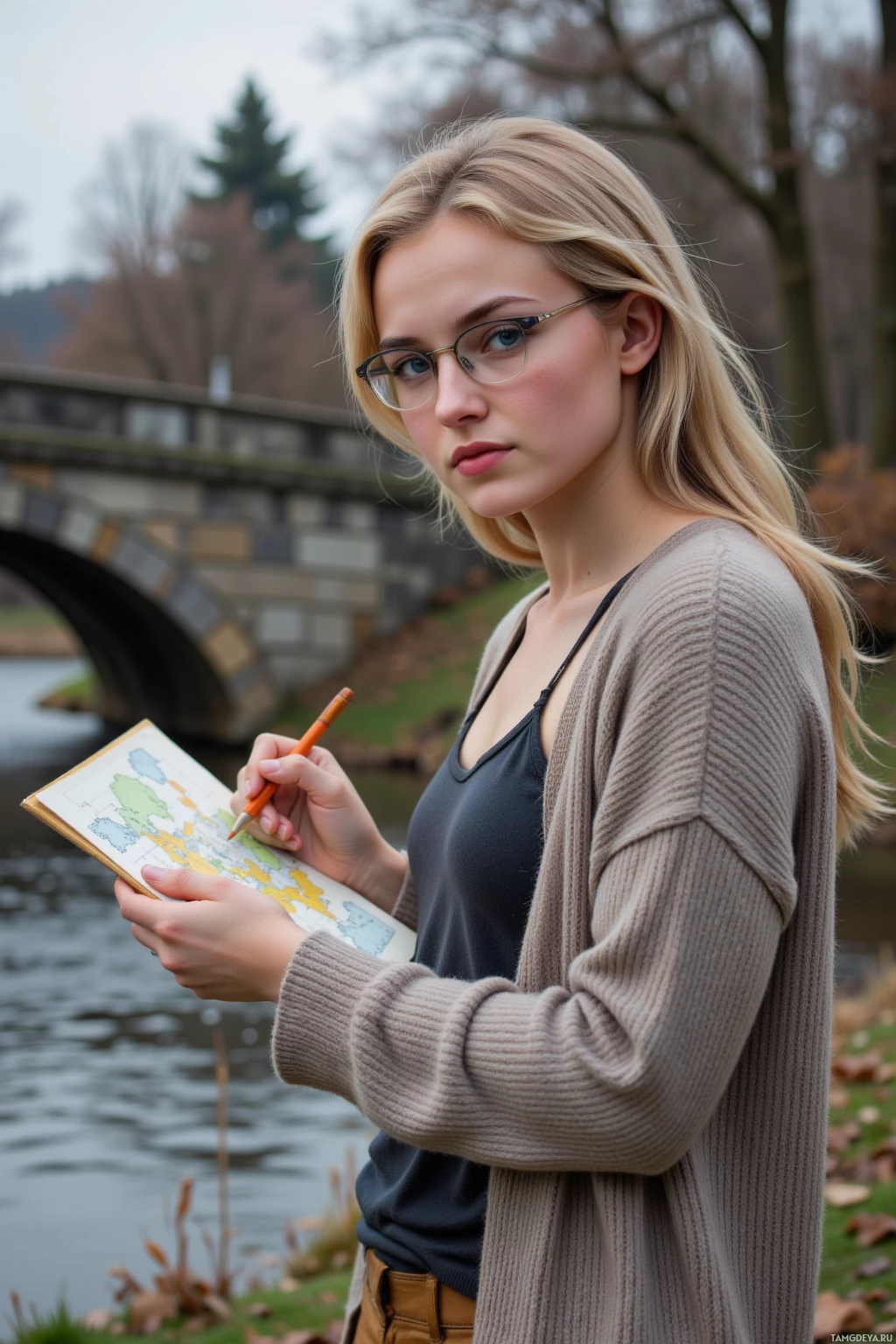 A person wearing glasses and a cardigan stands by a river, holding a notebook and pen.