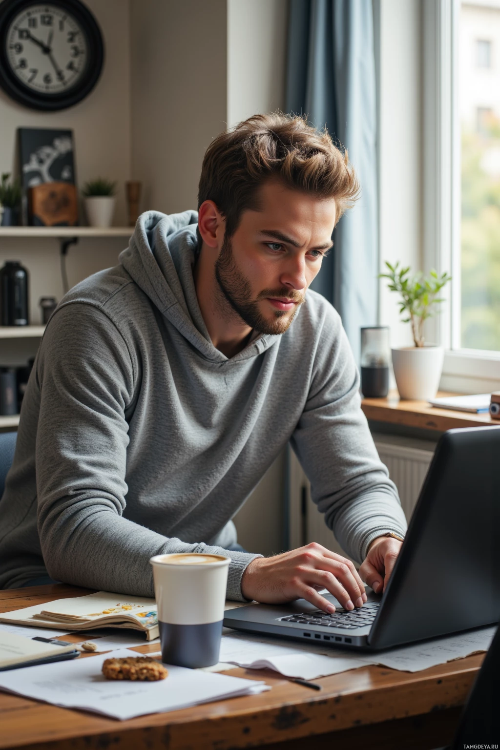A man in a gray hoodie works on a laptop at a desk with a cup of coffee and some papers.