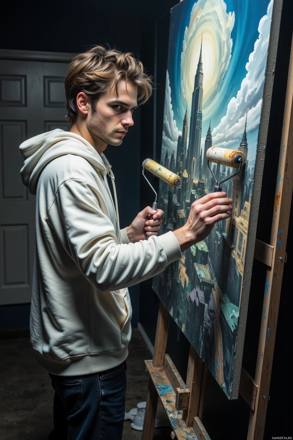 A person wearing a hoodie paints a cityscape on a canvas.