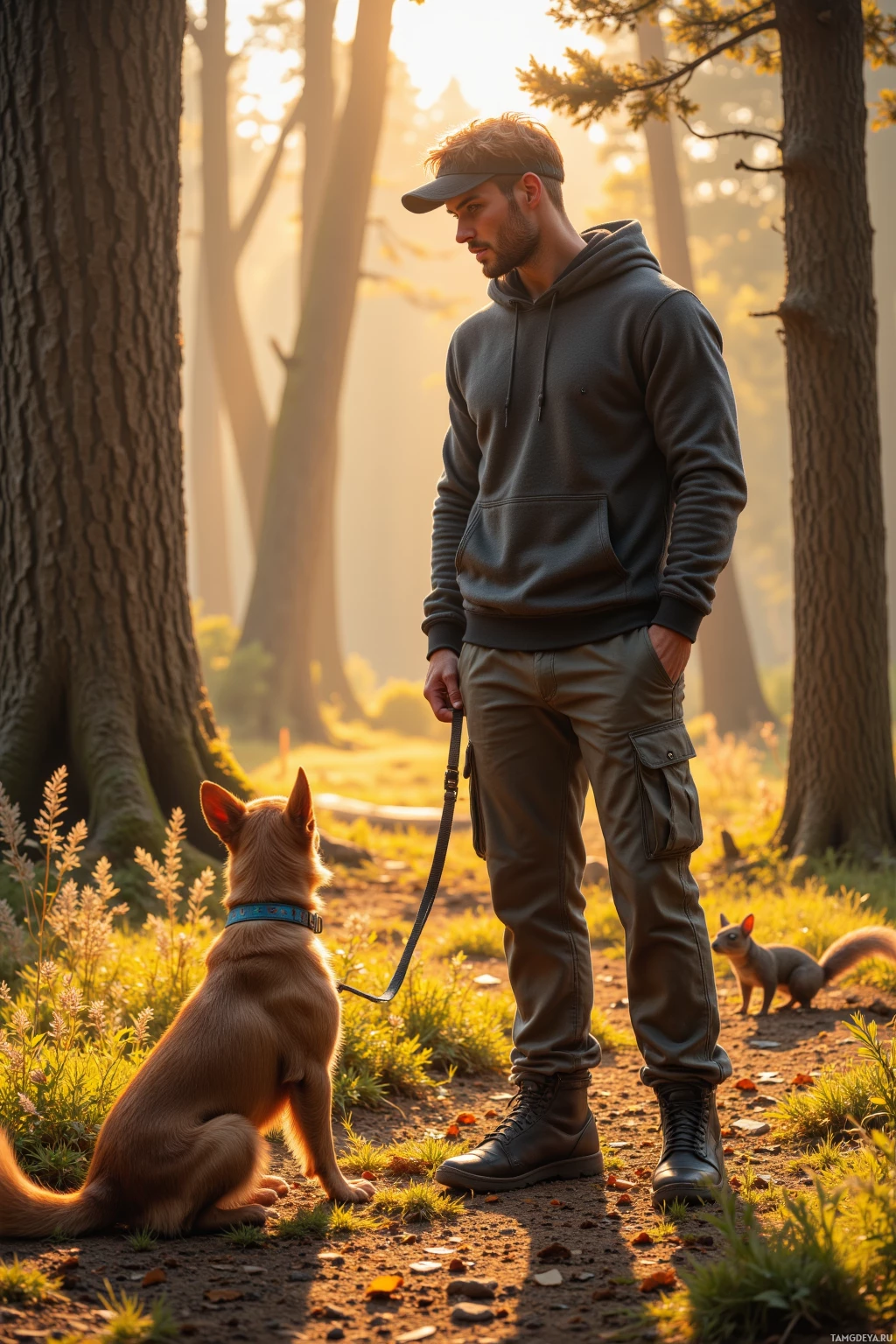 A man in a hoodie and cap stands in a forest with a dog on a leash, while a squirrel sits nearby.