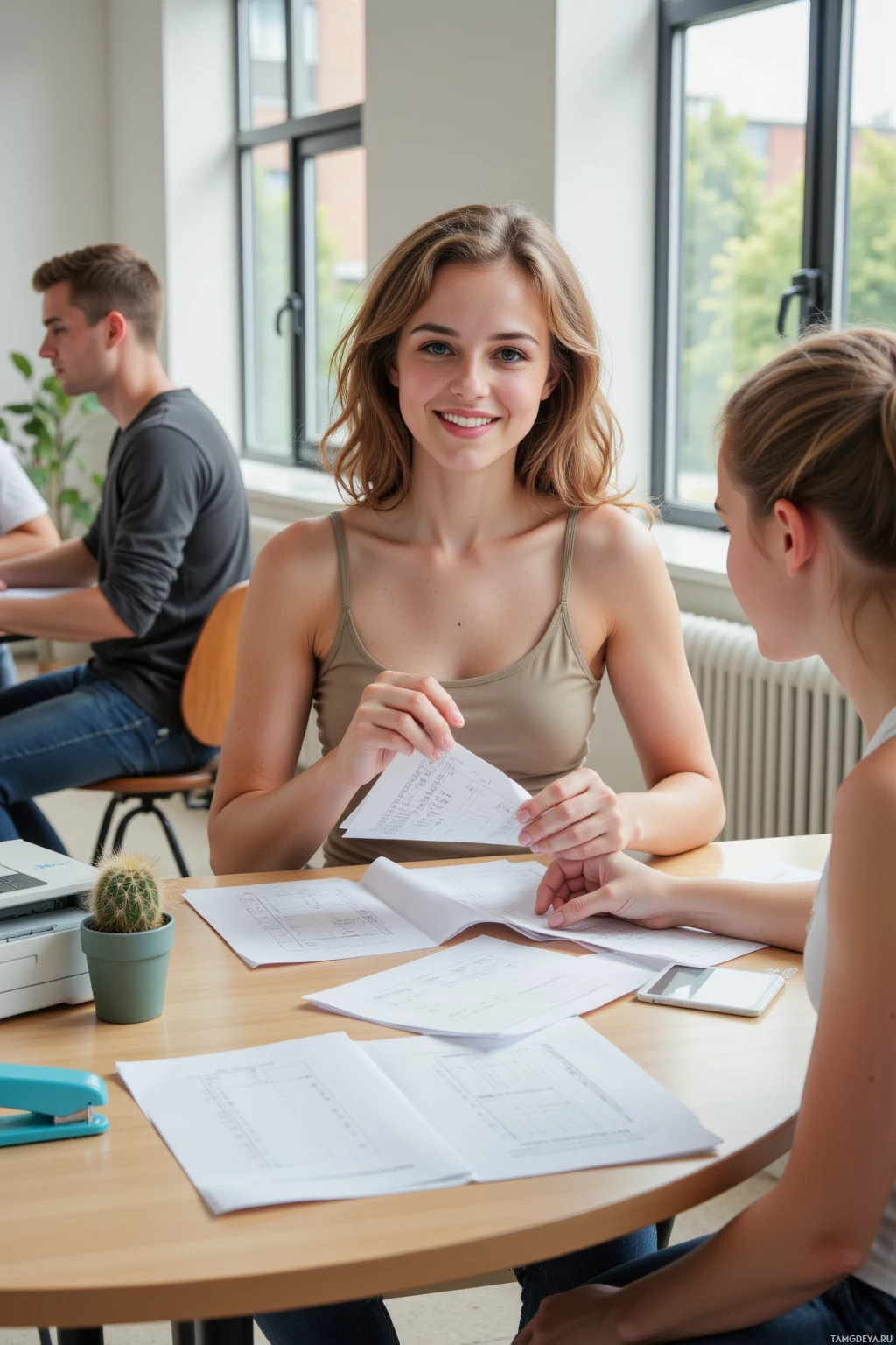Two individuals are engaged in a discussion at a table with papers and a calculator, in a classroom setting.