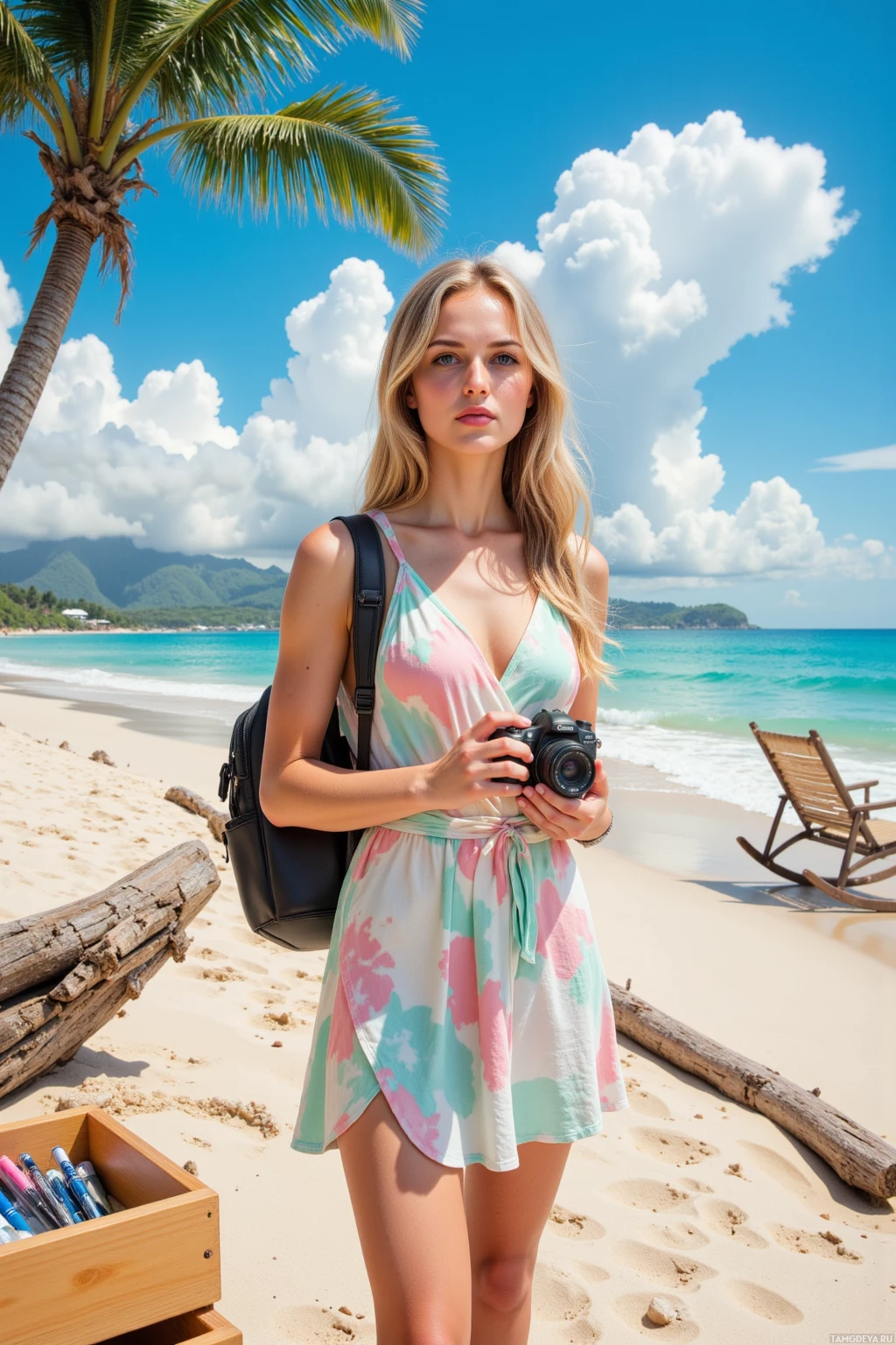 A woman stands on a beach holding a camera, wearing a colorful dress and carrying a backpack.