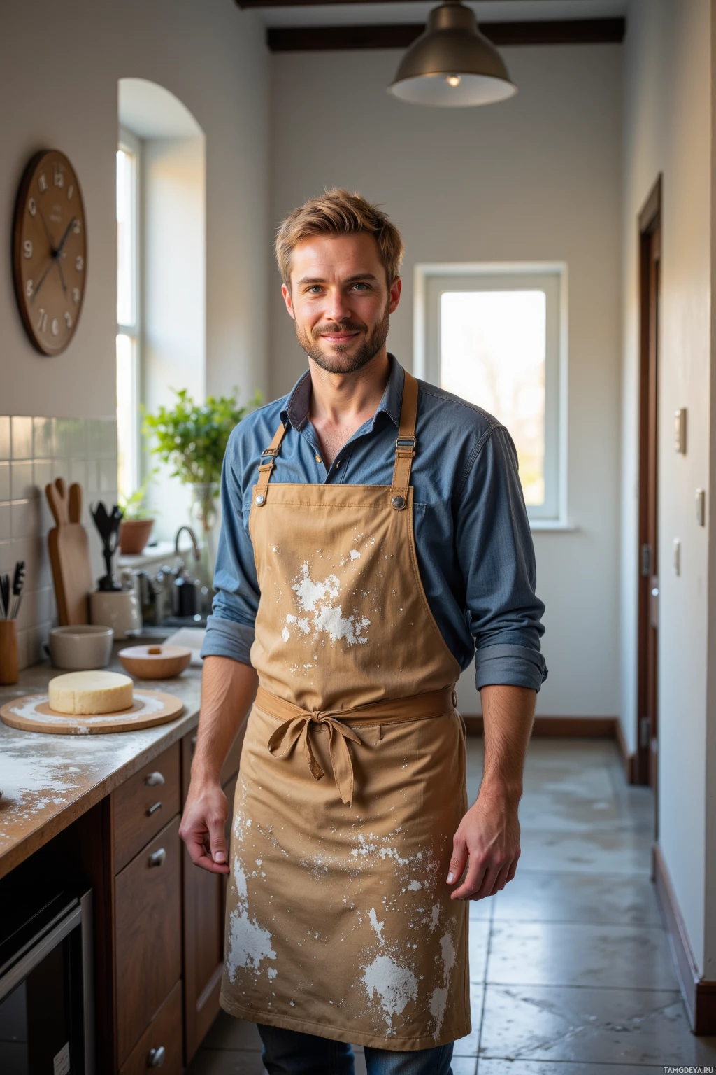 A man in a kitchen wearing a flour-splattered apron smiles at the camera.