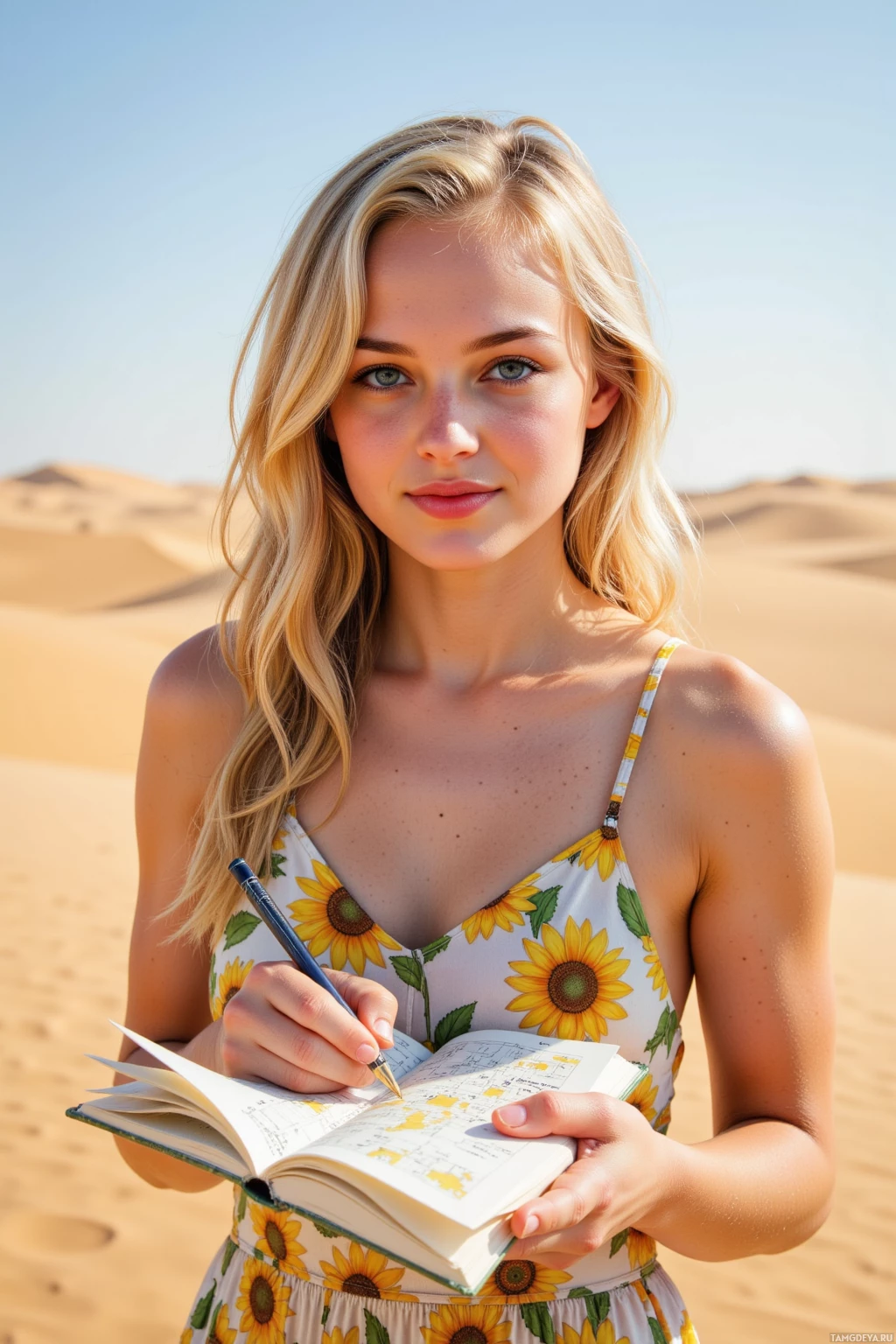 A woman in a sunflower dress writes in a notebook in a desert setting.