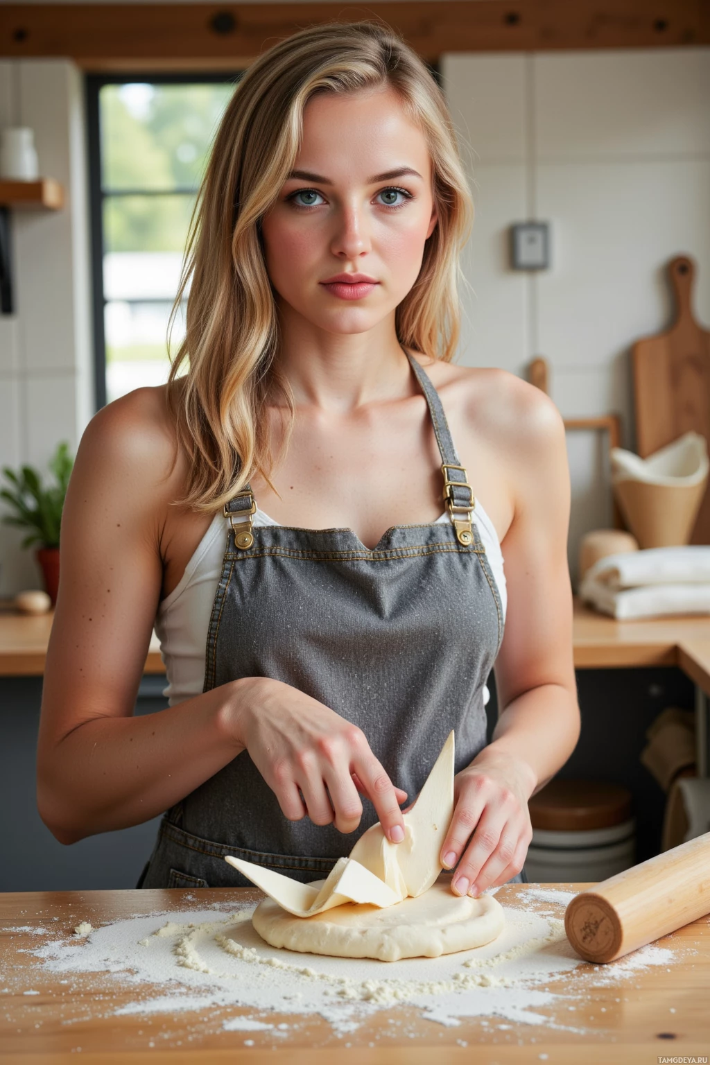 A woman in a kitchen wearing an apron, working with dough on a wooden table.
