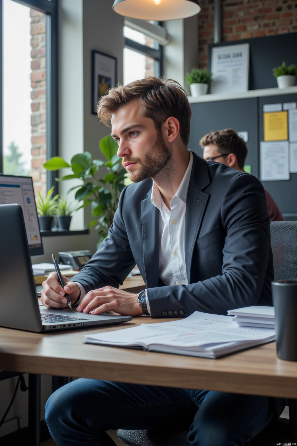 A man in a suit is working at a desk, writing in a notebook.
