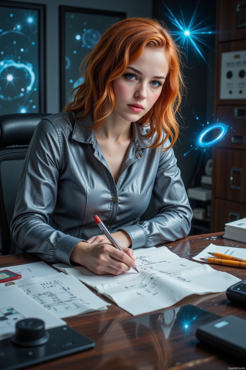 A woman with red hair sits at a desk, writing on a piece of paper.
