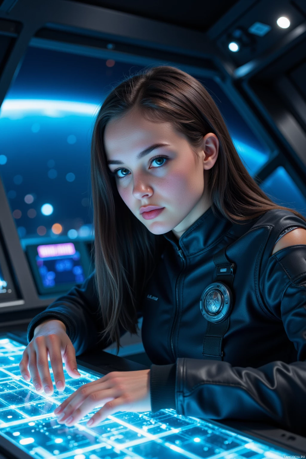 A person in a futuristic setting interacts with a glowing, high-tech interface.