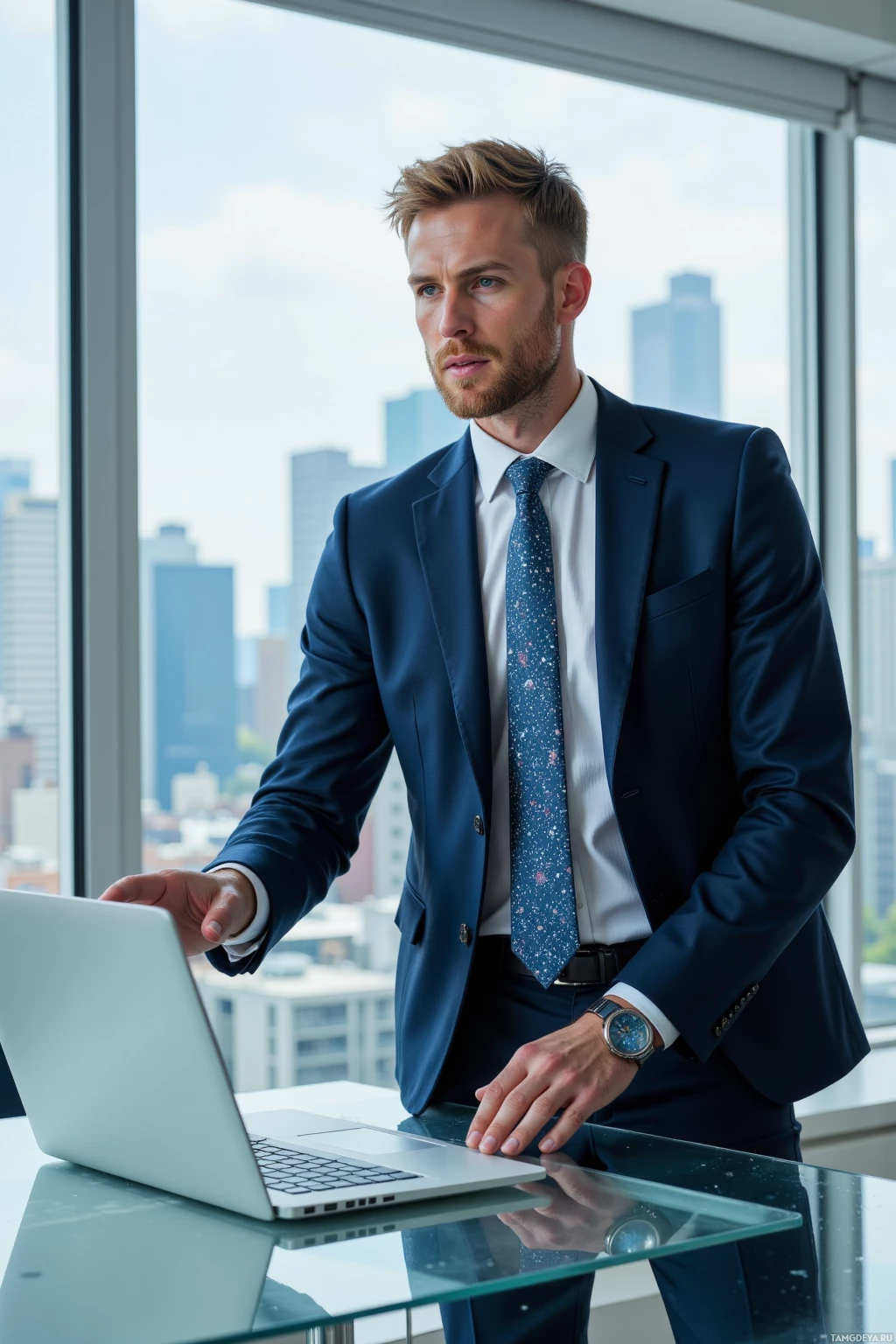 A man in a suit stands by a desk with a laptop, looking out a window with a cityscape view.