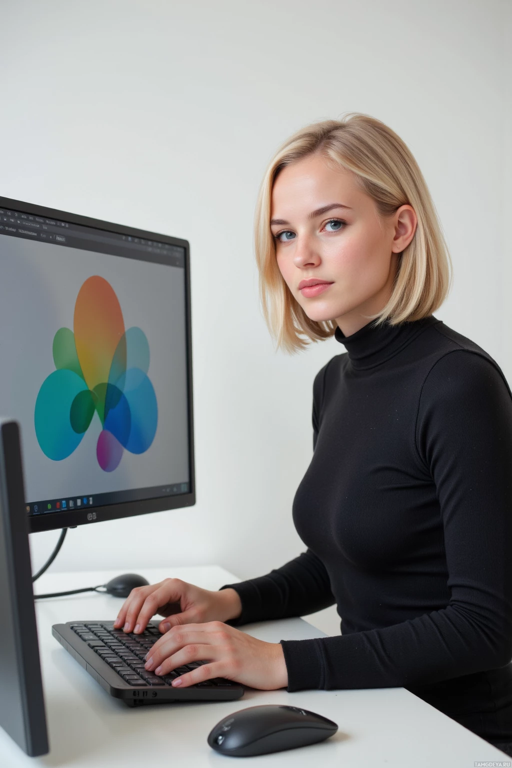 A person in a black turtleneck shirt is working at a computer with a colorful design on the screen.