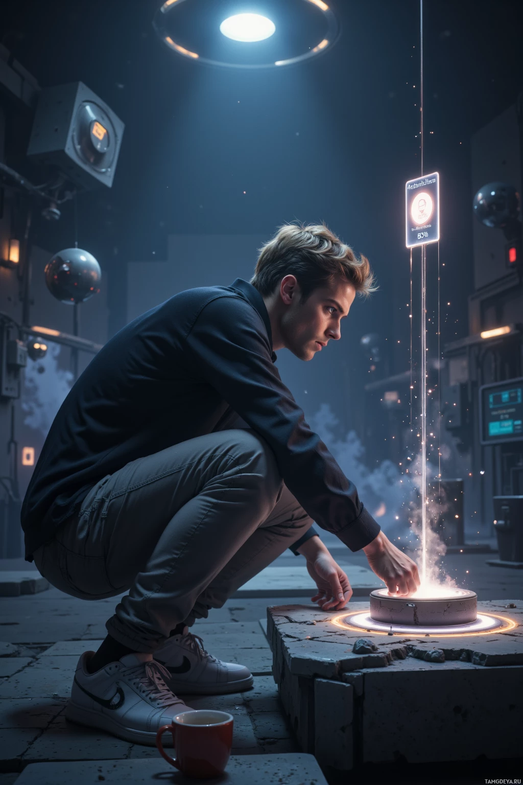 A person crouches near a glowing, futuristic device in a dimly lit, industrial setting.