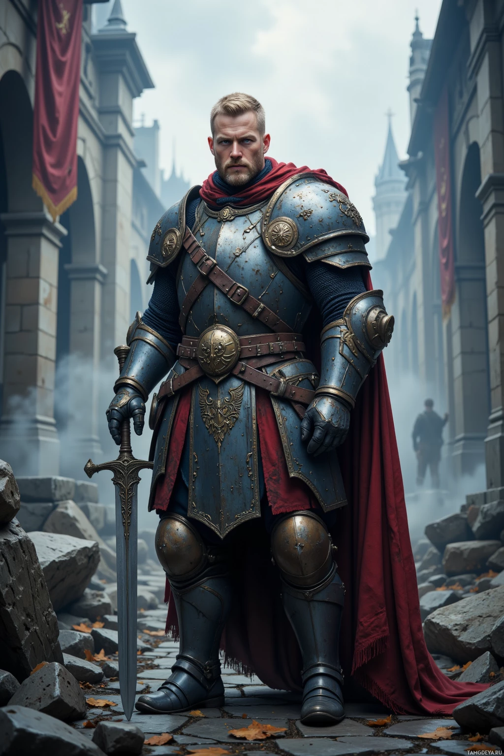 A knight in blue armor stands in a stone courtyard, holding a sword.