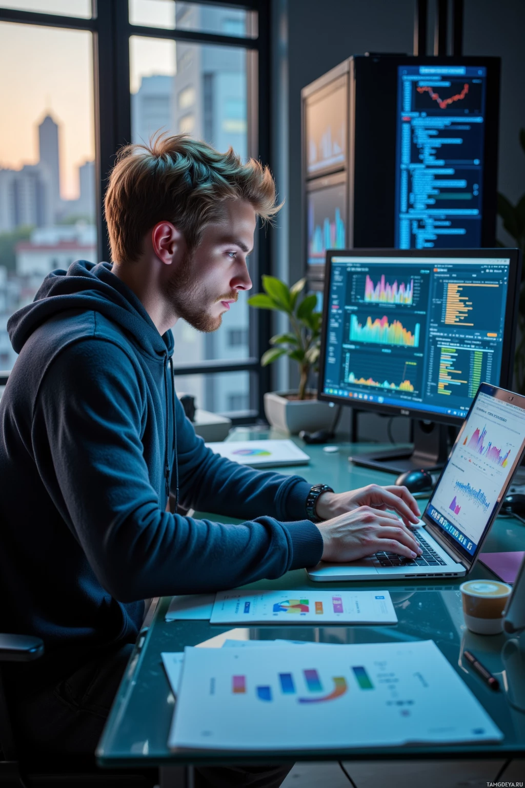 A person is working at a desk with multiple monitors displaying data and graphs.