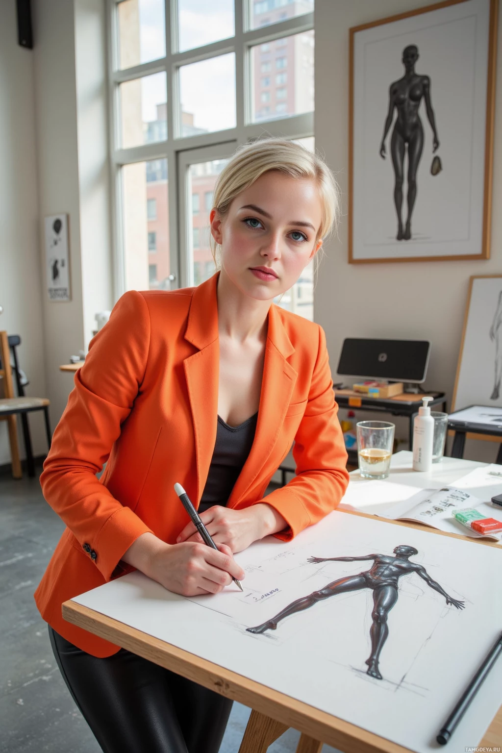 A person in an orange blazer is sketching a human figure on a table in a well-lit room.