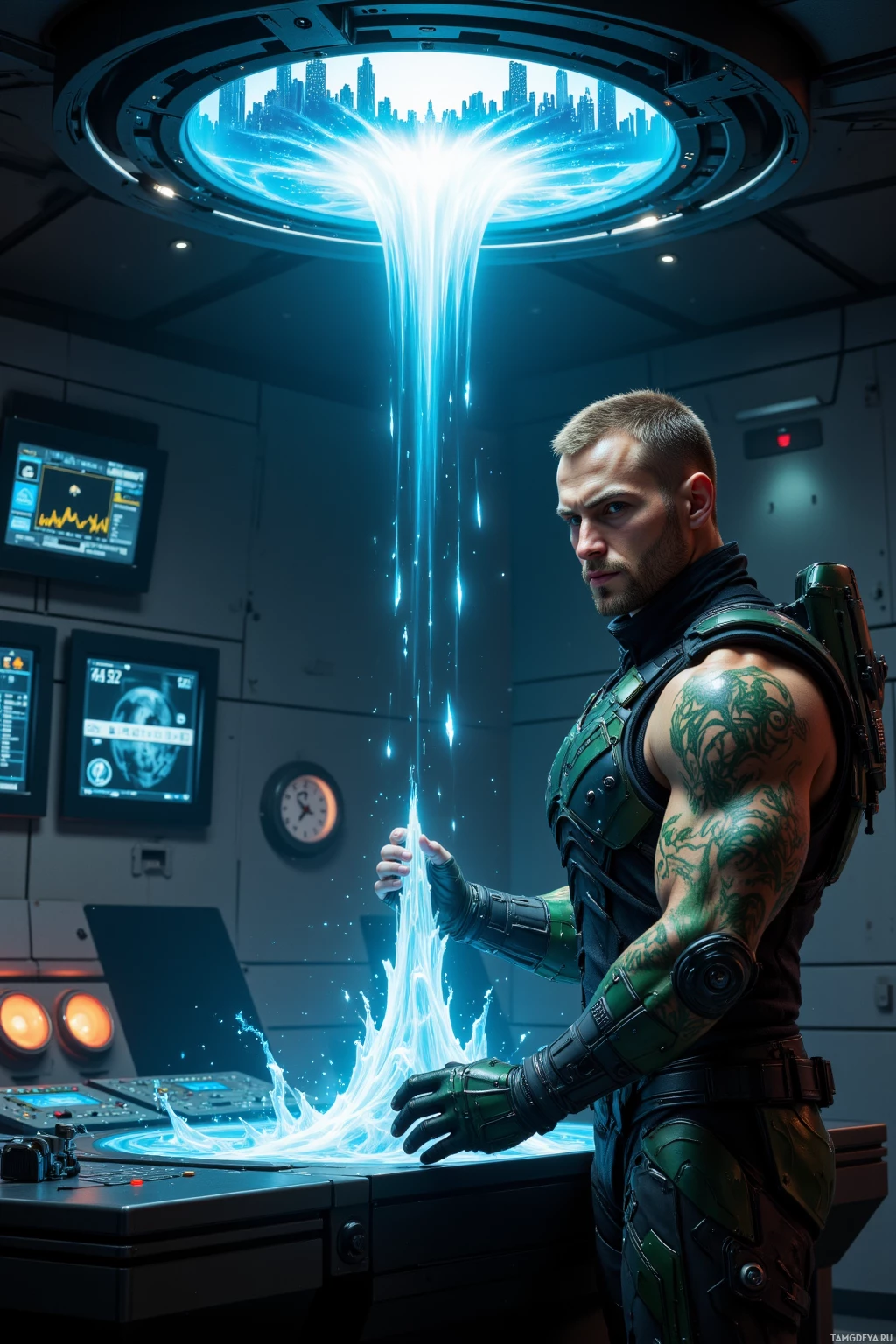 A futuristic character stands in a high-tech room, manipulating a glowing energy stream.