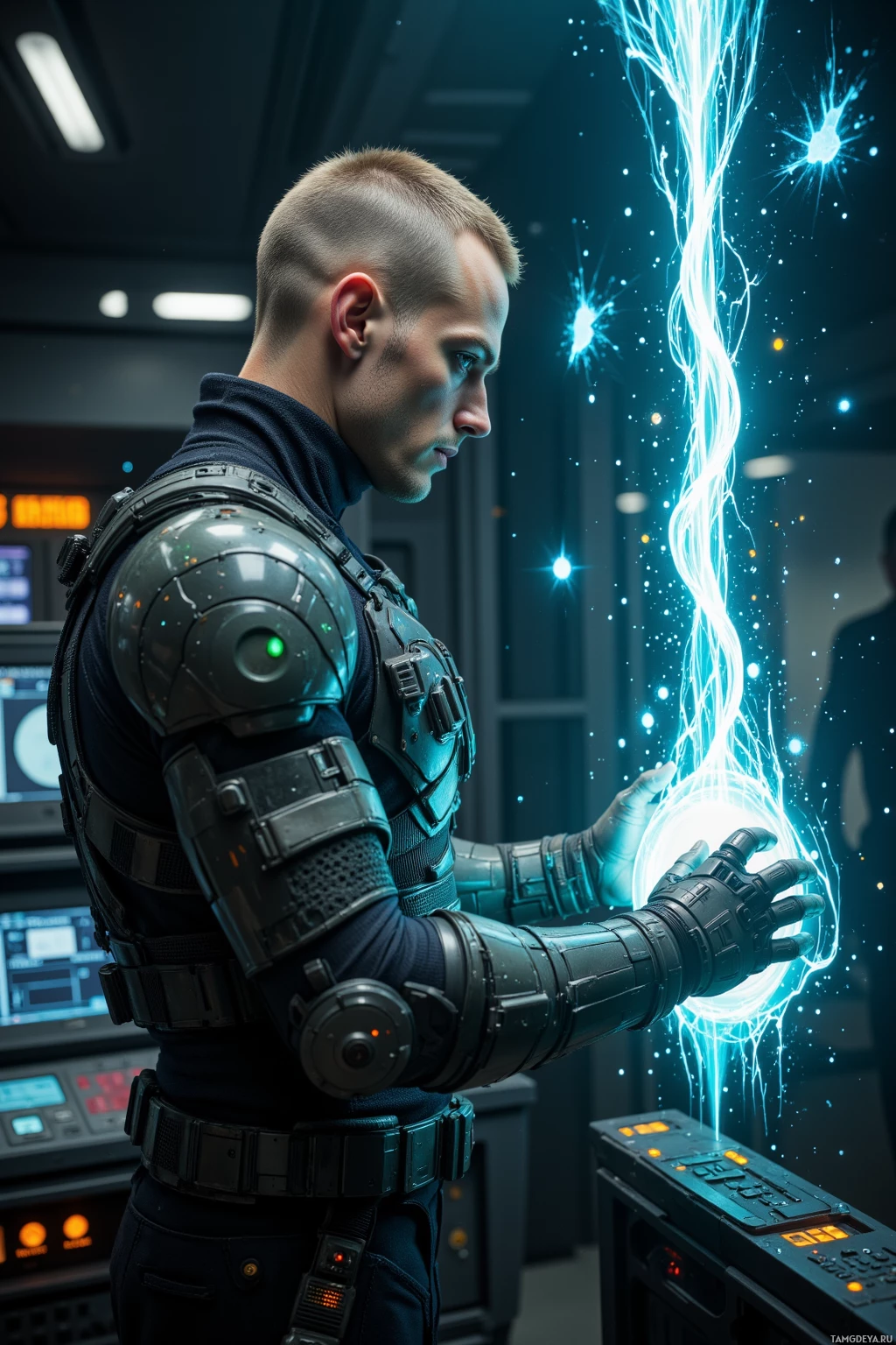 A person in futuristic armor holds a glowing energy sphere in a high-tech environment.