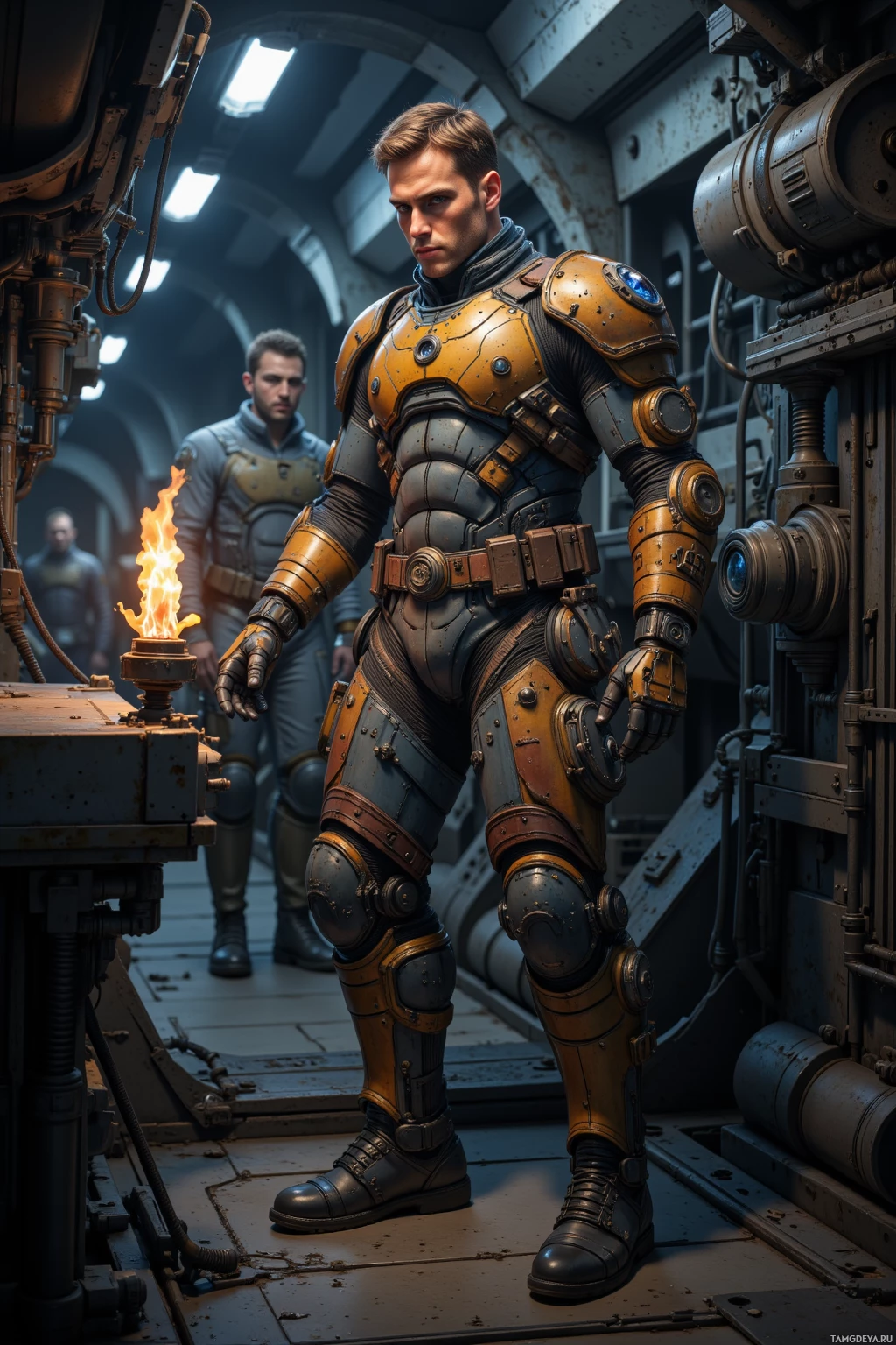 A person in a detailed, futuristic armor stands in a metallic, industrial setting.