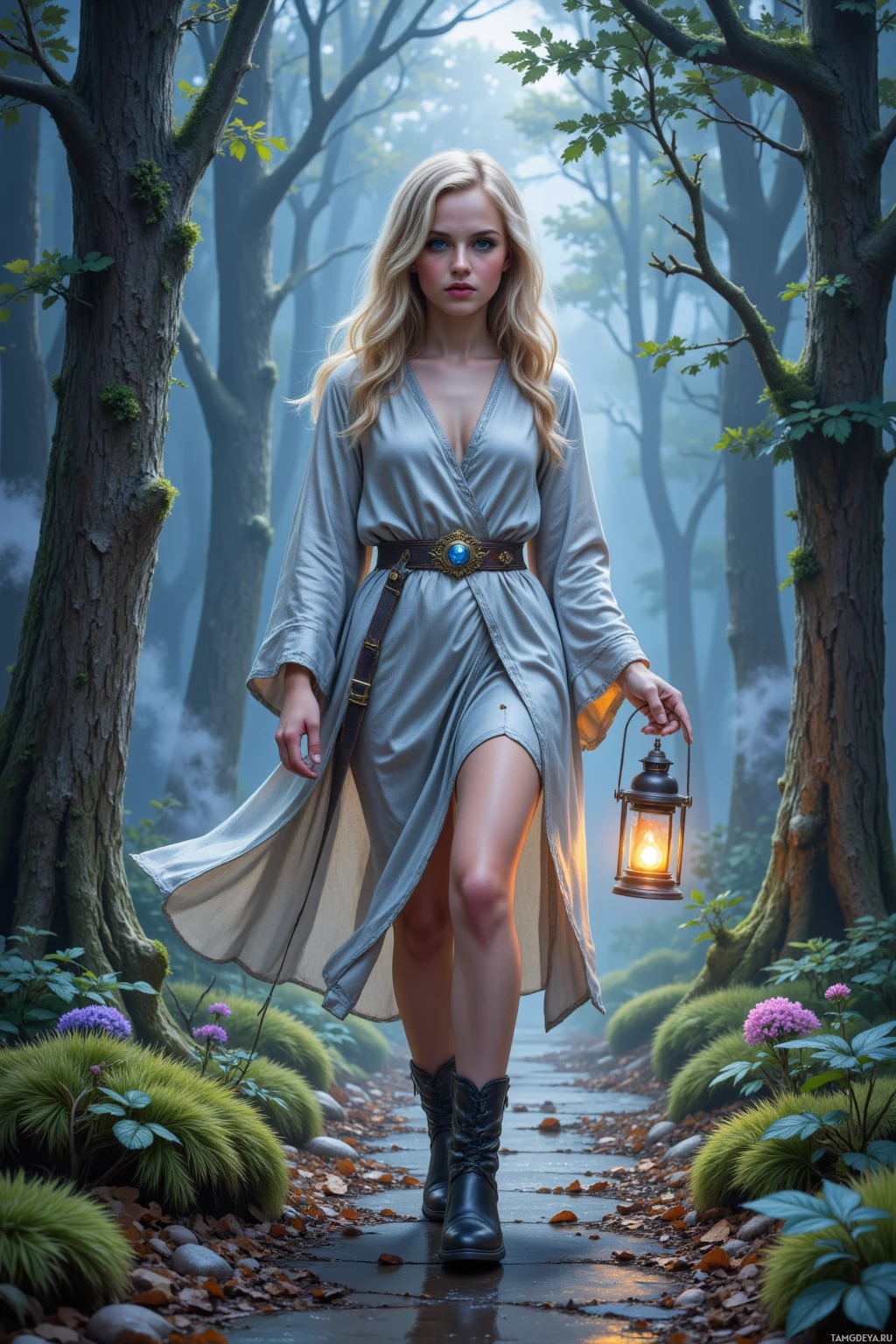 A woman in a flowing dress walks through a misty forest holding a lantern.